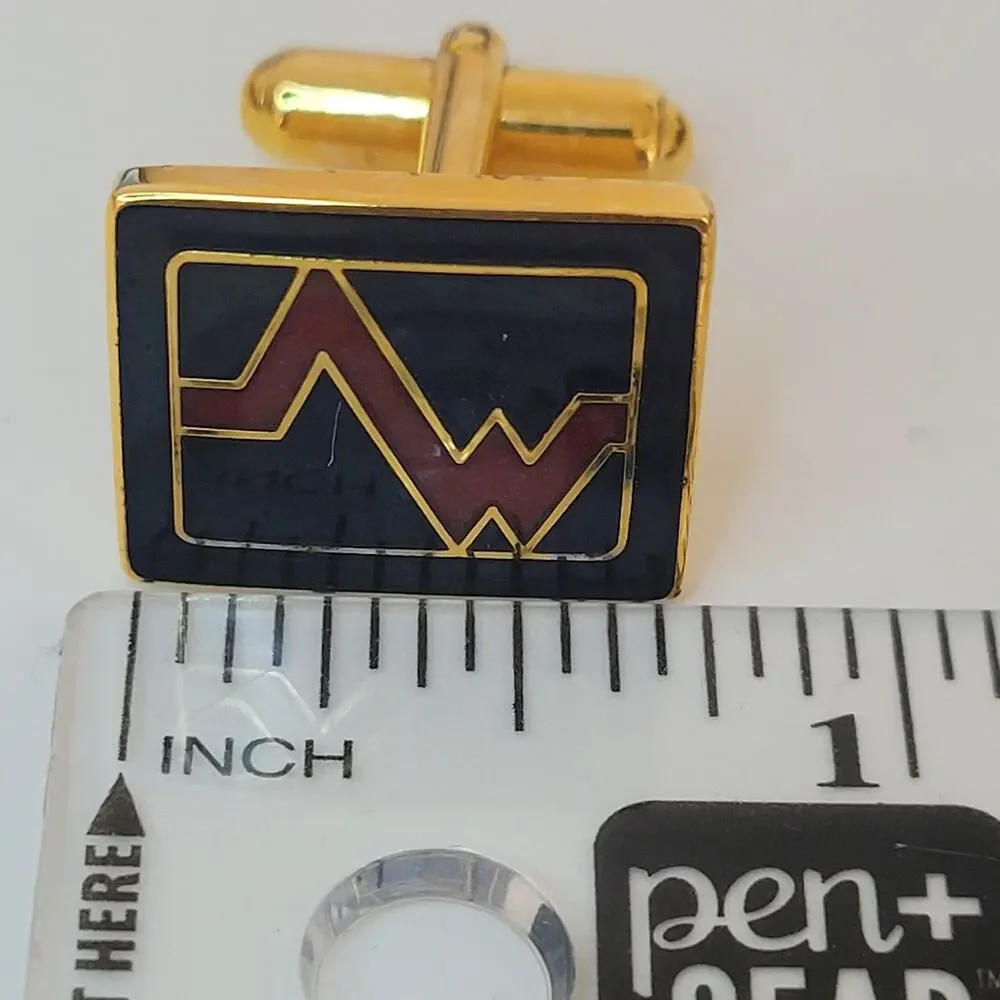 Mario Valentino MV Gold Black Red Tone Rectangle Logo‎ Cufflinks Designer Retro